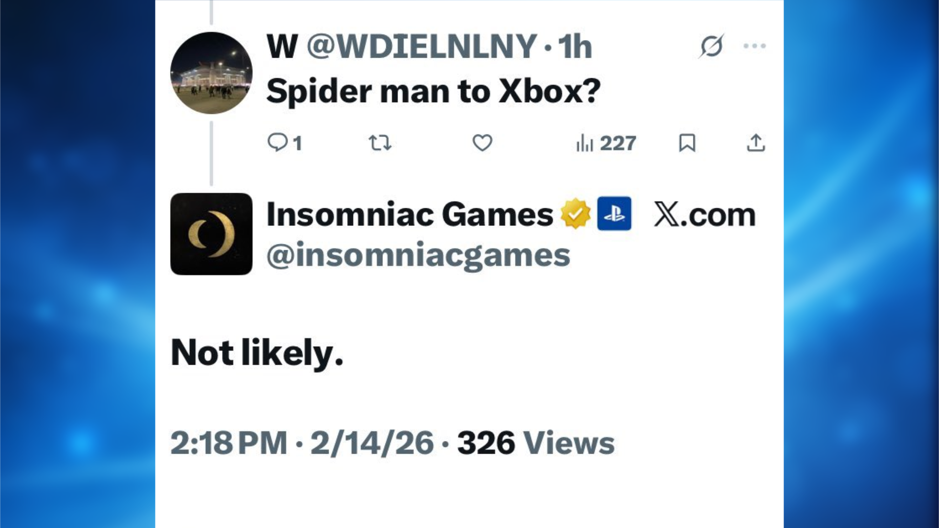 Screenshot of Insomniac replying to fan regarding an Xbox port