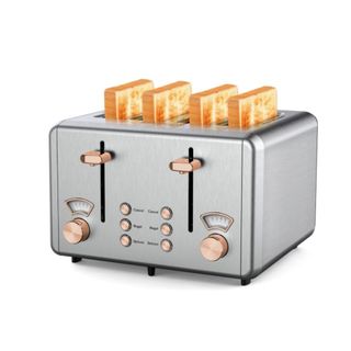 A silver rectangular toaster with rose gold handles and buttons and four slices of browned toast popping out of it