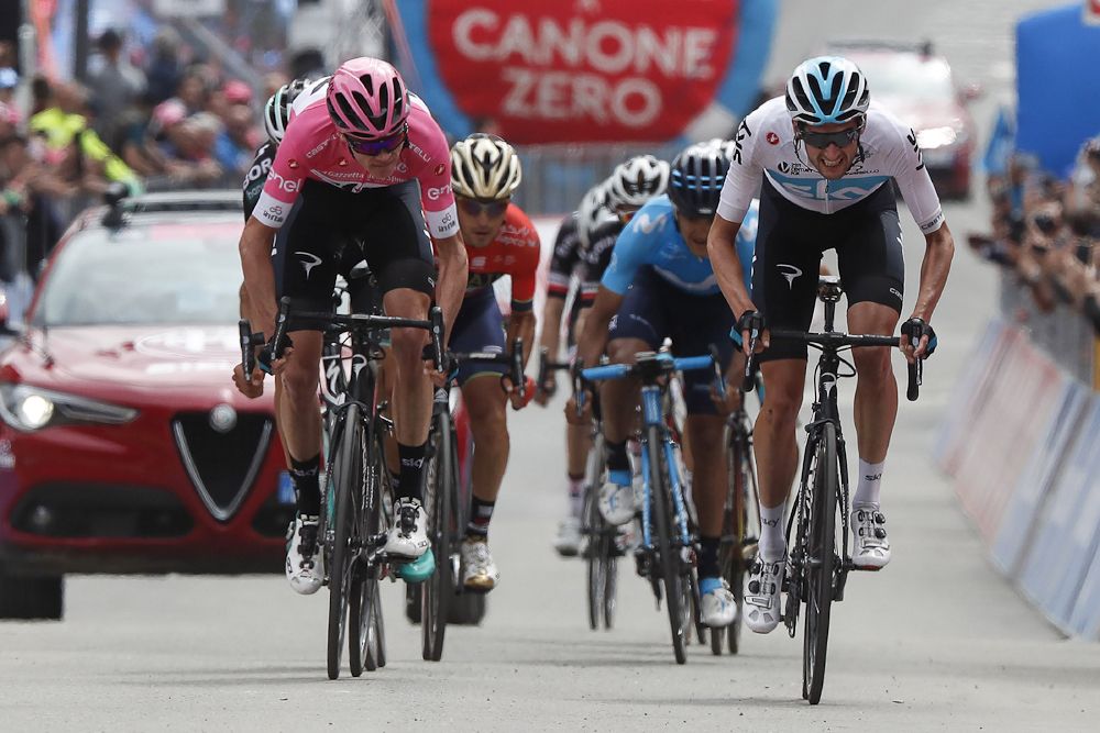 Chris Froome sprints for the line at the finish of stage 20 at the Giro d'Italia