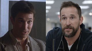 A 25 year old younger Noah Wyle in a suit and dress shirt in Donnie Darko, A more grizzled, bearded, Noah Wyle in medical scrubs on the series The Pitt.
