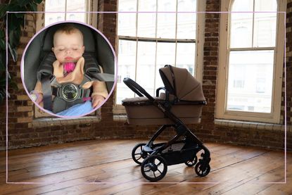 The iCandy Peach 7 pram pictured alongside an image of our tester's baby sleeping in the pram