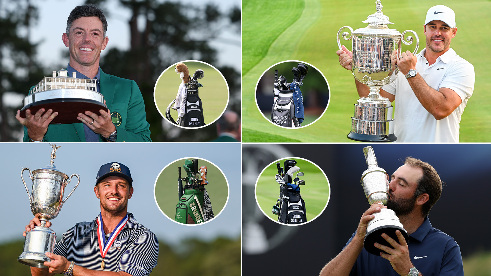 Rory McIlroy, Brooks Koepka, Bryson DeChambeau and Scottie Scheffler kiss Major trophies with close ups of their bags