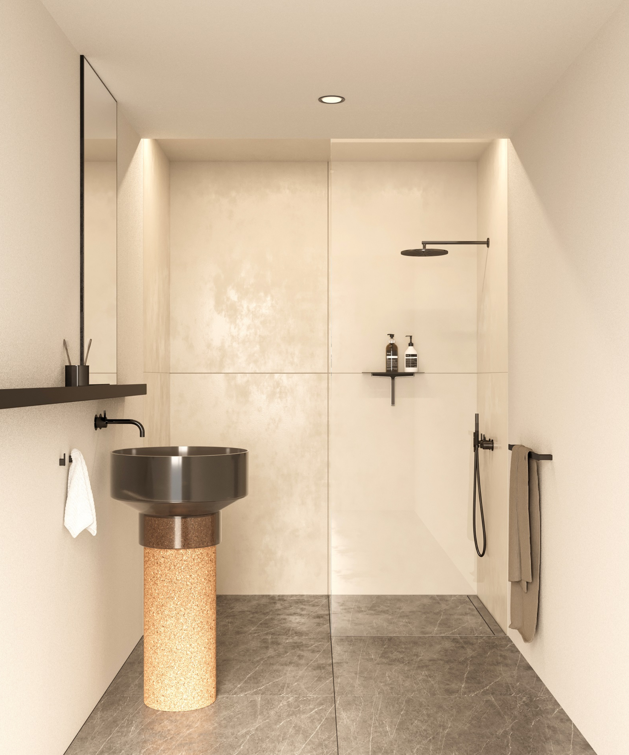 modern bathroom with cream tiled walls, grey floor, modern pedestal sink with walk in shower