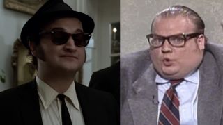 Jim Belushi in hat and sunglasses in the iconic Blues Brothers, Chris Farley, sweaty and in glasses in SNL desk sketch.