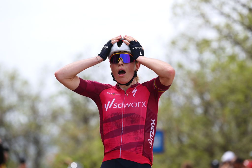MIRADOR DE PEAS LLANAS SPAIN MAY 05 Demi Vollering of The Netherlands and Team SD Worx Pink UCI Womens WorldTour Leader Jersey celebrates at finish line as stage winner during the 9th La Vuelta Femenina 2023 Stage 5 a 1292km stage from La Cabrera to Mirador de Peas Llanas 1479m UCIWWT on May 05 2023 in Mirador de Peas Llanas Spain Photo by Dario BelingheriGetty Images