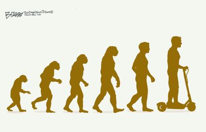Editorial cartoon U.S. human evolution scooters