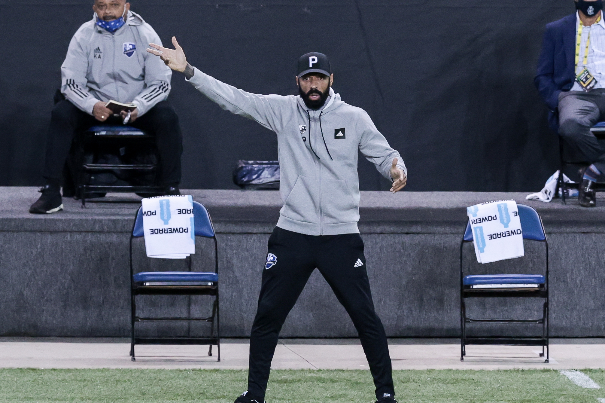Oct 27, 2020; Harrison, New Jersey, USA; Montreal Impact head coach Thierry Henry reacts during the second half against Nashville SC at Red Bull Arena. Mandatory Credit: Vincent Carchietta-USA TODAY Sports/Sipa USA
