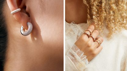 Woman wearing diamond hoop earrings next to a woman with diamond rings on her fingers