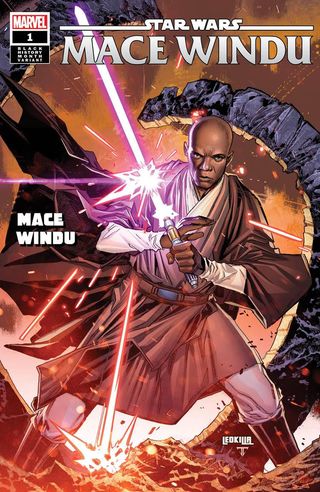 star wars comic book cover showing a man in a brown tunic holding a purple lightsaber.