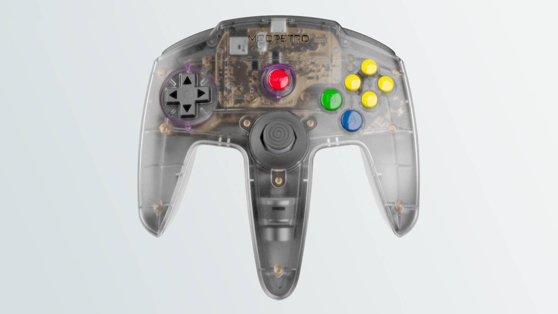 Modretro M64 controller in white with matching backdrop