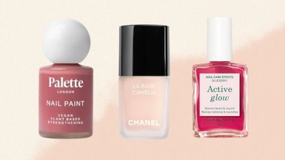 A selection of healthy nail polishes by Palette, Chanel and Manucurist/ in a cream and beige gradient template