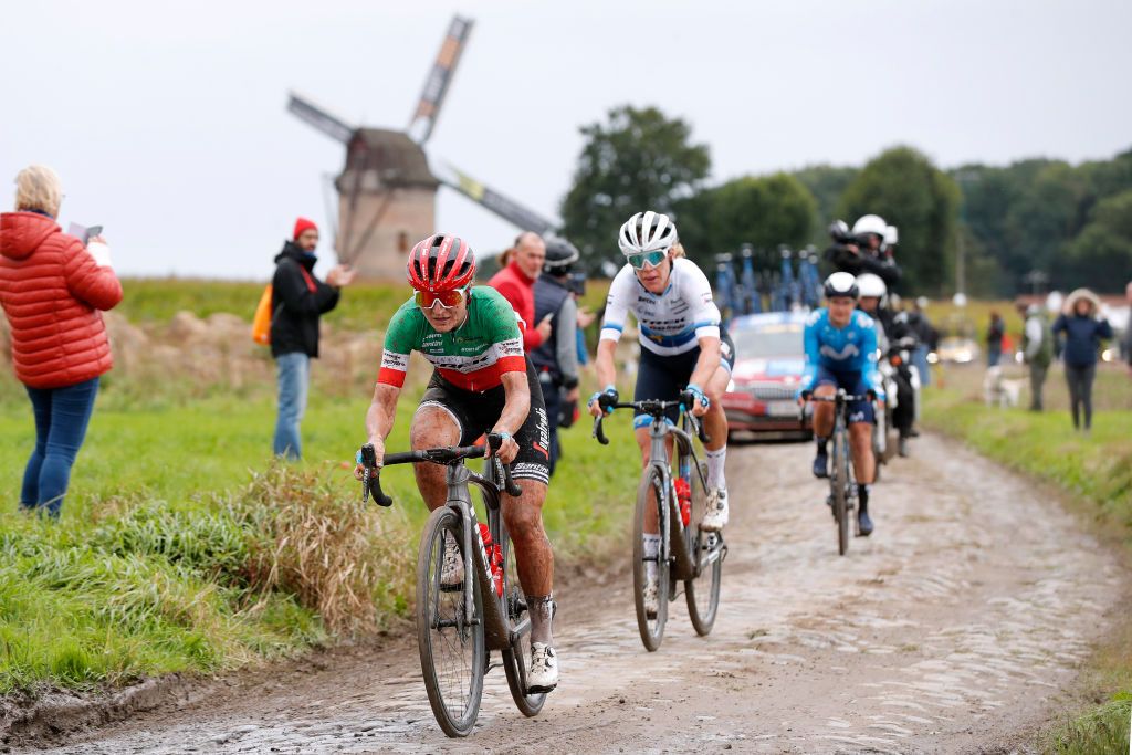 ROUBAIX FRANCE OCTOBER 02 Elisa Longo Borghini of Italy and Team Trek Segafredo competes through cobblestones sector during the 1st ParisRoubaix 2021 Womens Elite a 1164km race from Denain to Roubaix ParisRoubaixFemmes ParisRoubaix on October 02 2021 in Roubaix France Photo by Bas CzerwinskiGetty Images