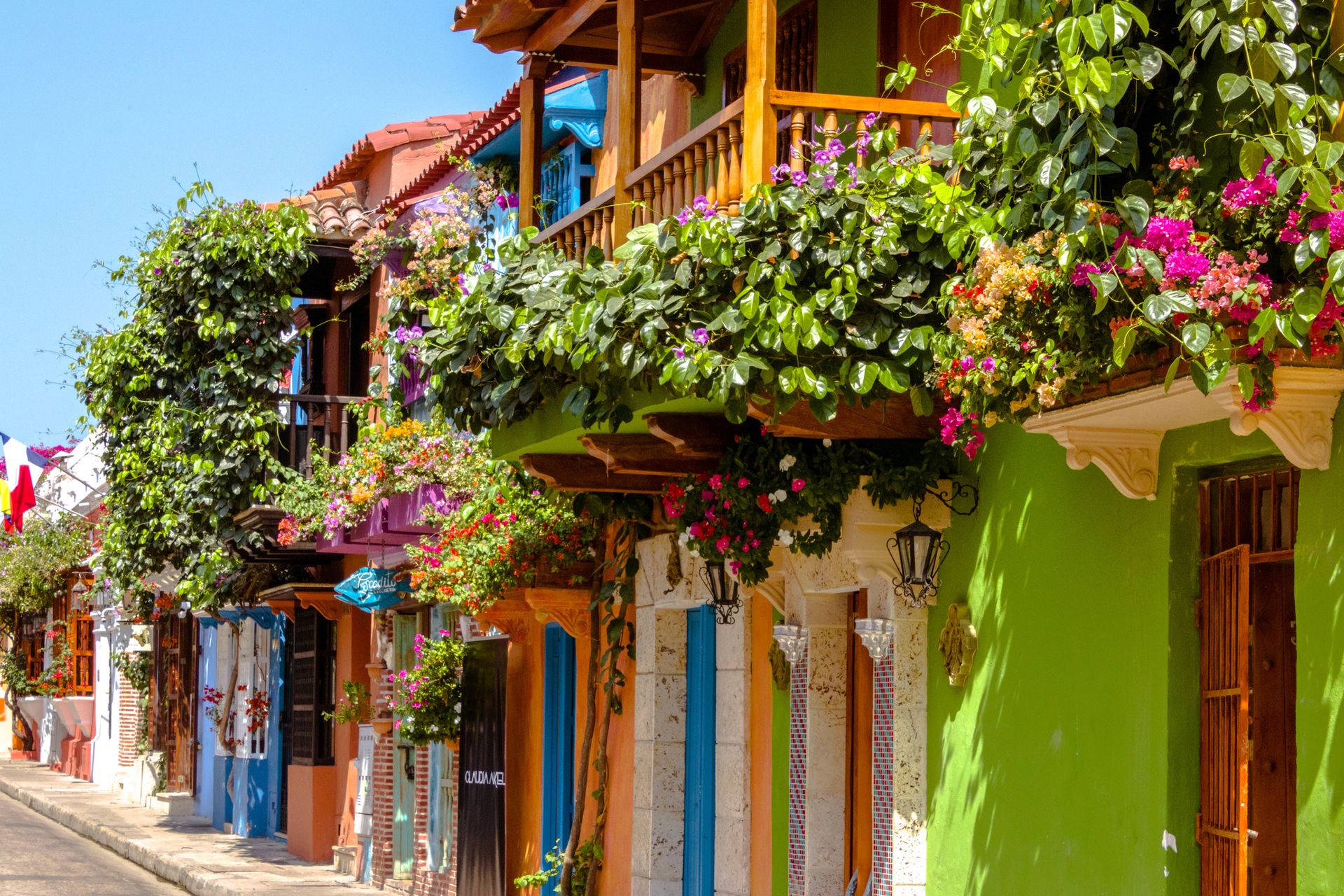 Colorful doorways with hanging flowers in the Historical Center of Cartagena de Indias, Colombia.