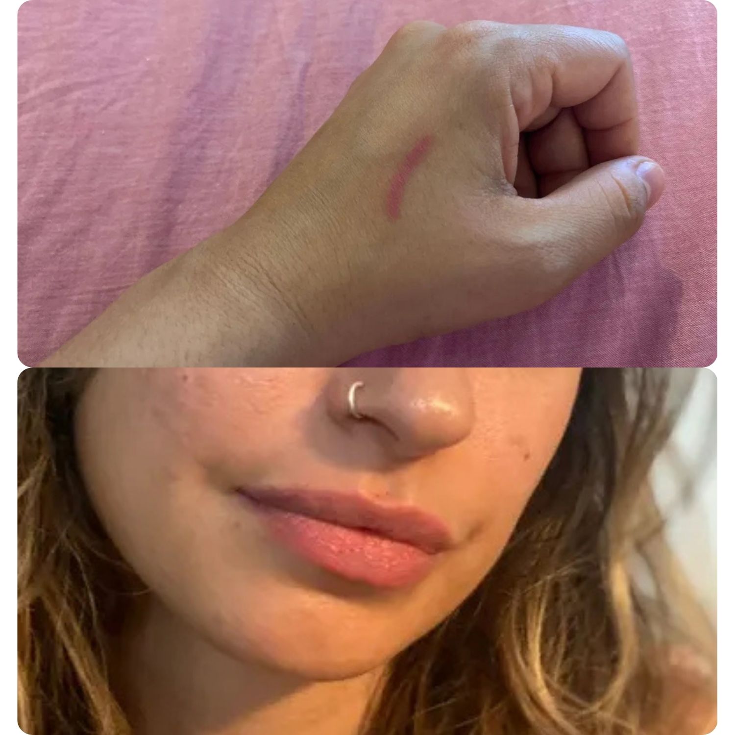 An image of shopping writer Hannah Holway's hand with a swatch of NYX lip liner above an image of the lip liner on her lips