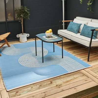 The Rugs Urban Reversible Two Sided Waterproof Abstract Outdoor Patio Garden Rug Blue&amp;amp;beige Weatherproof Jet Washable 1010