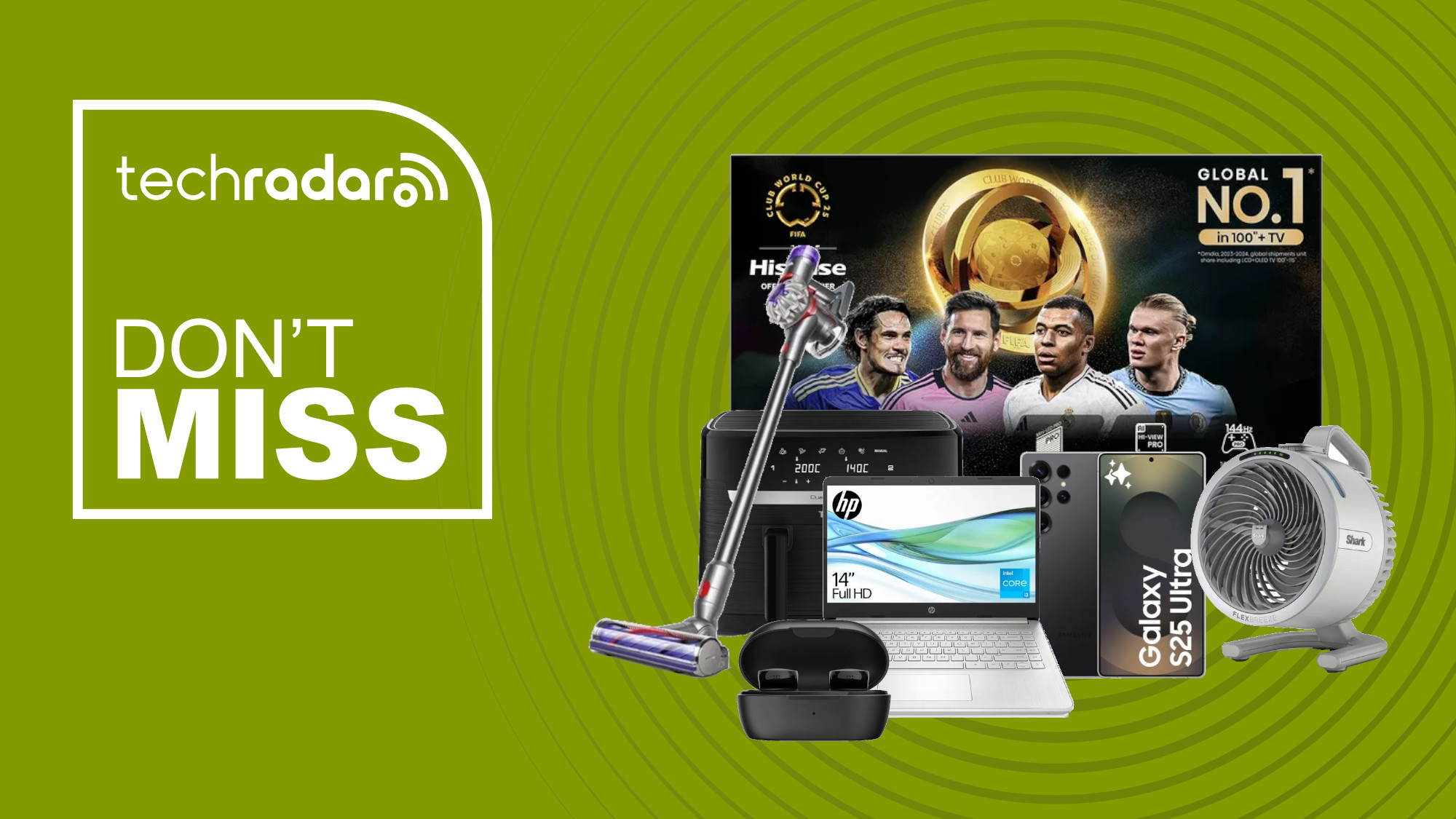 Collage of tech from the Currys Epic Deals sale, including a Hisense TV, Ninja fan, Dyson vacuum, HP laptop, Samsung Galaxy S25 Ultra and Bose headphones.