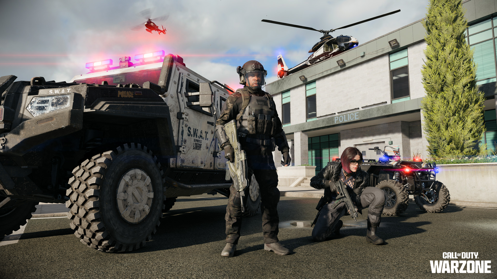 A promotional screenshot of the new Hot Pursuit mode in Call of Duty: Warzone showing police vehicles and characters.