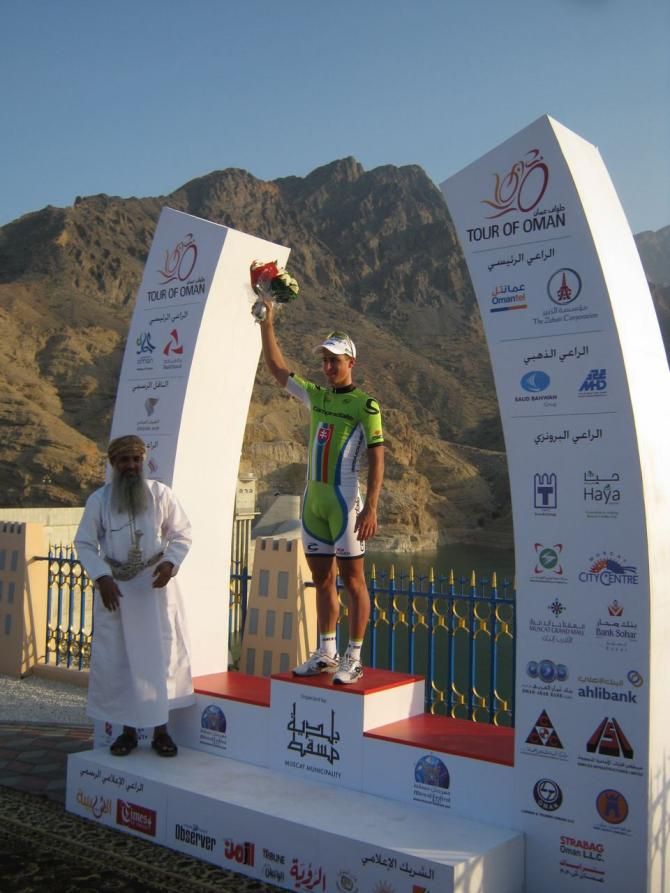 Peter Sagan (Cannondale) on the podium after winning his second straight stage in Oman.
