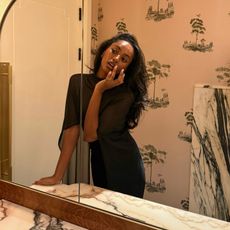 Photo collage of two women during a night out and fragrances on a bathroom sink