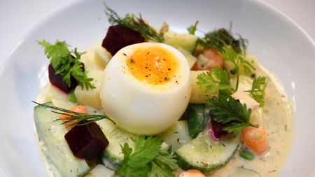 Soft boiled egg at restaurant in Redwood City, California