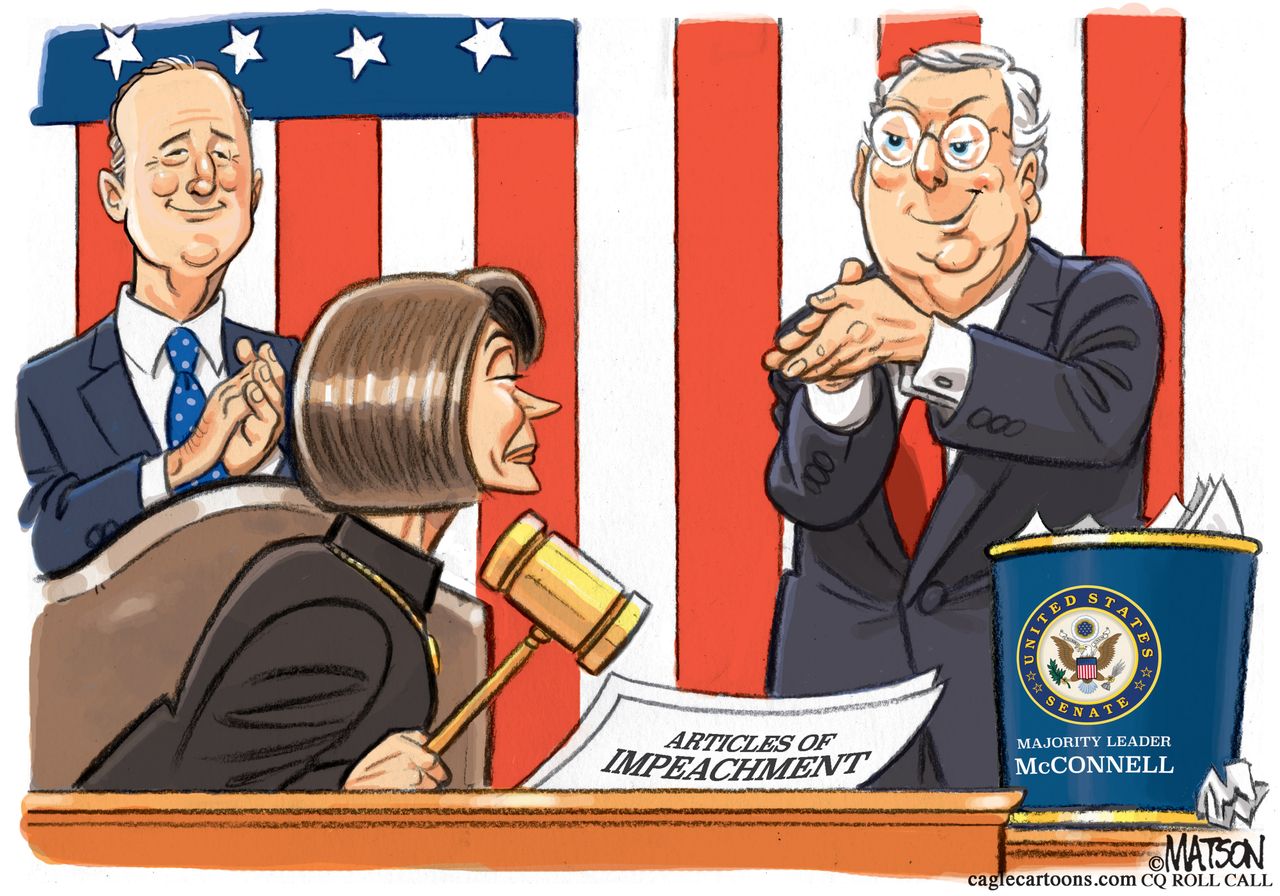 Political Cartoon U.S. Pelosi Impeachment Vote McConnell Clap Back