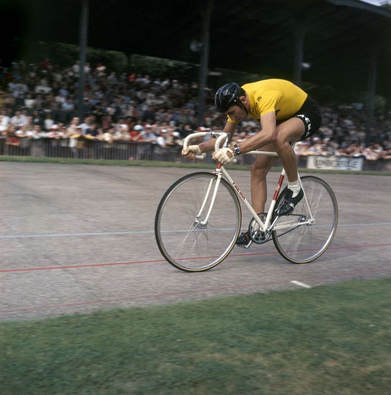 Eddy Merckx in yellow on a velodrome in 1970
