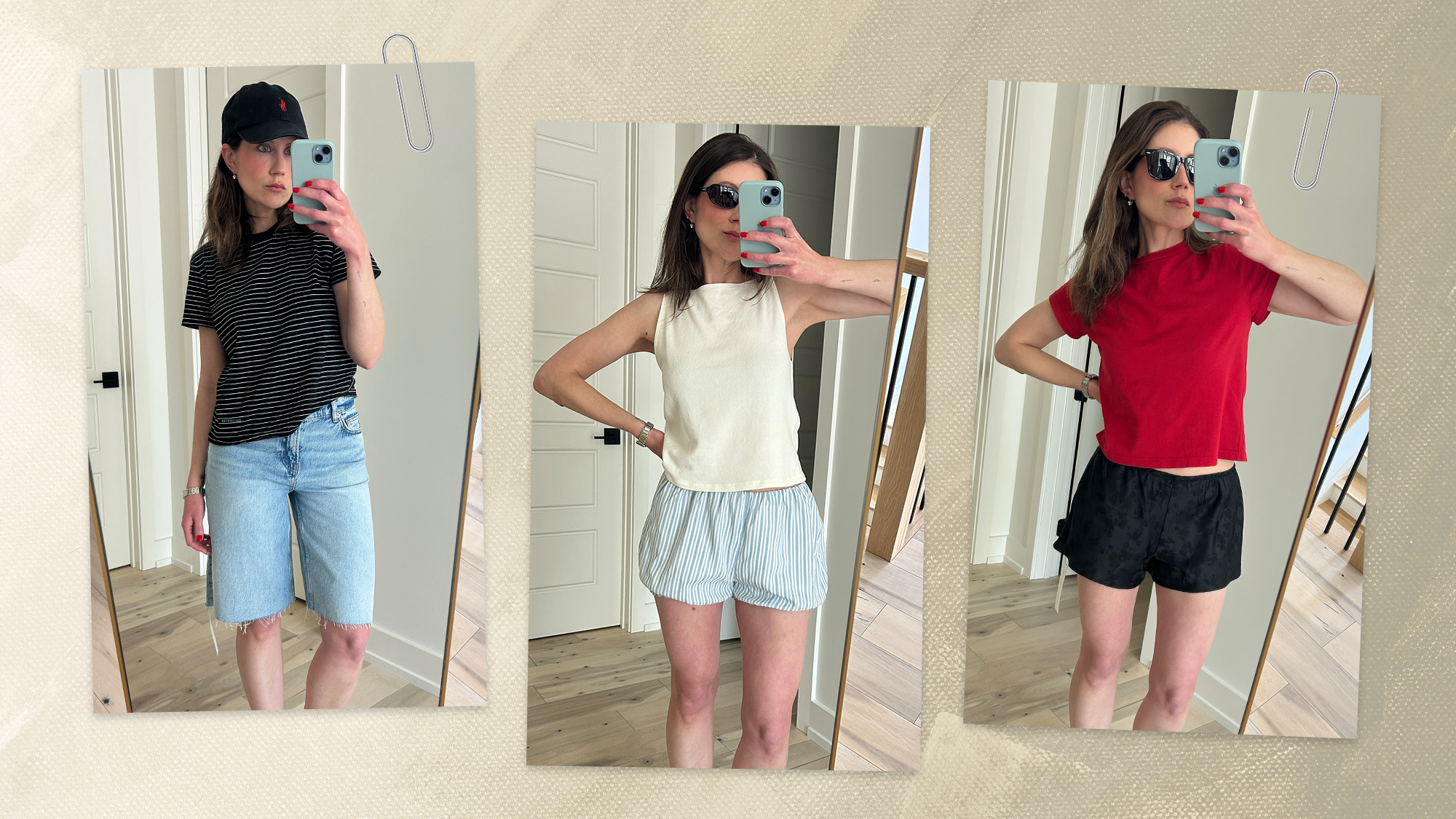 Collage of summer 2026 Reformation shorts on a 5'4" fashion editor