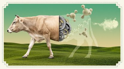 Illustration of a cow grazing and expelling gas