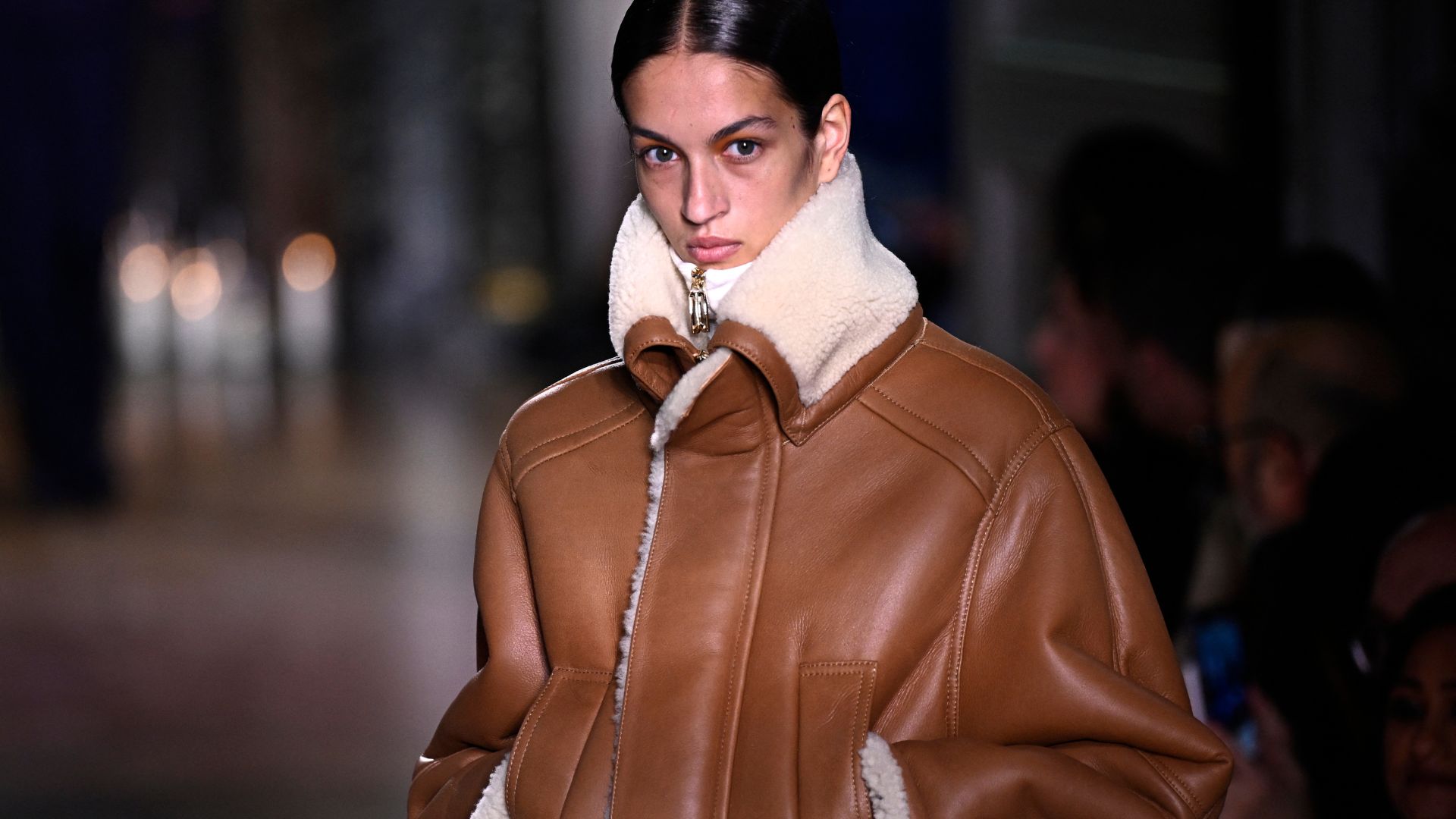 shearling-trimmed leather jacket on Victoria Beckham&#039;s autumn/winter 2024/25 runway