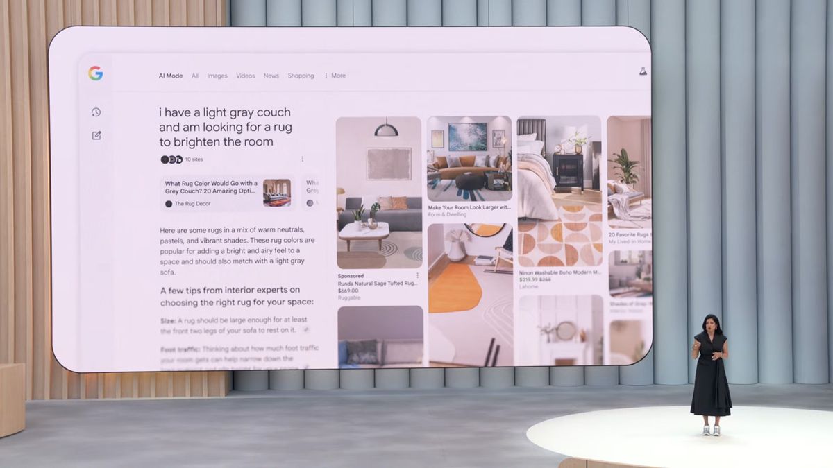 Shopping using the new Google AI Mode search on stage at Google I/O 2025