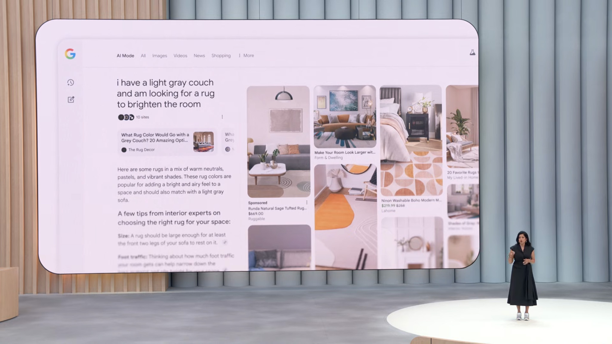 Shopping using the new Google AI Mode search on stage at Google I/O 2025