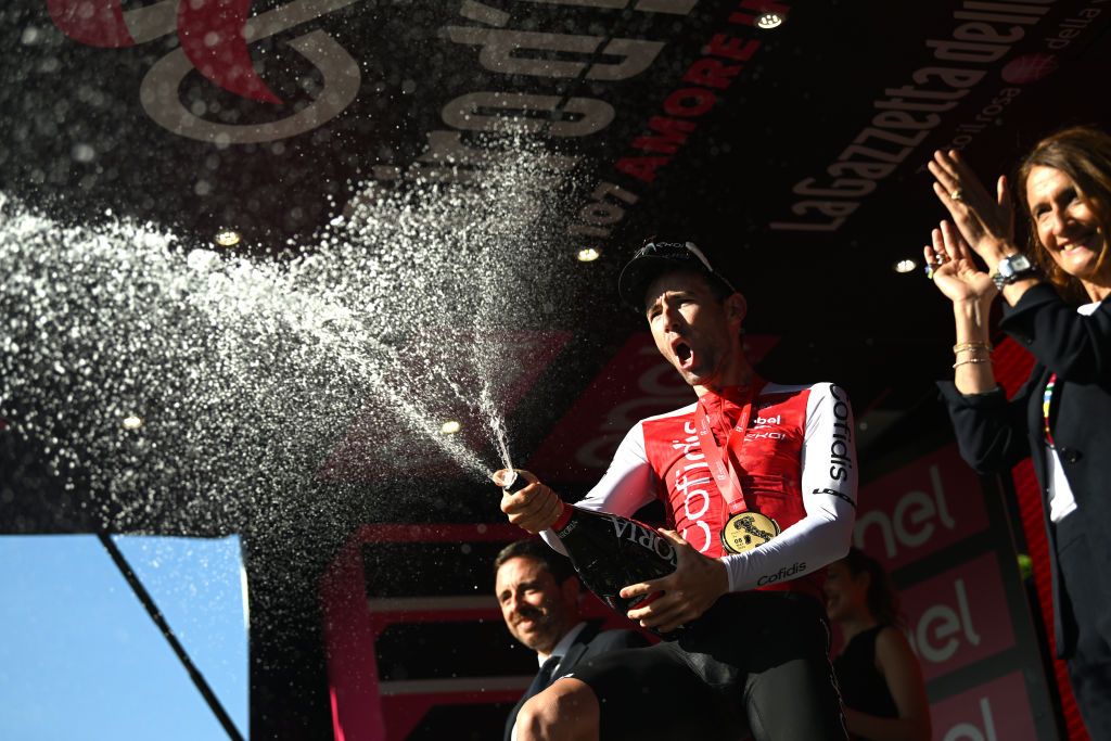LUCCA ITALY MAY 08 Benjamin Thomas of France and Team Cofidis celebrates at podium as stage winner during the 107th Giro dItalia 2024 Stage 5 a 178km stage from Genova to Lucca UCIWT on May 08 2024 in Lucca Italy Photo by Dario BelingheriGetty Images