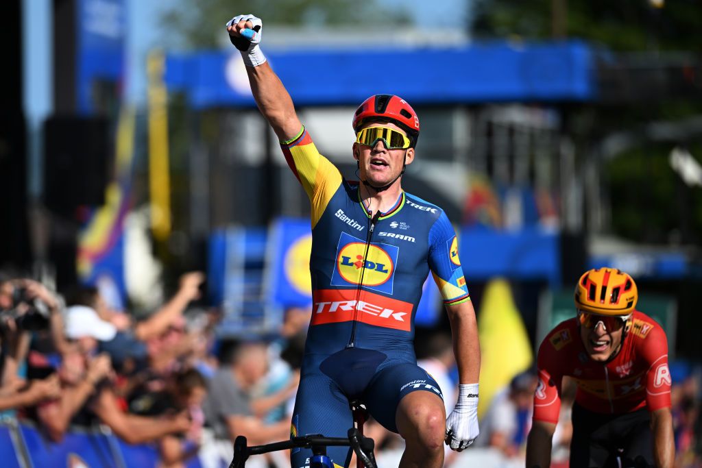 SCHWABISCH GMUND GERMANY AUGUST 23 LR Mads Pedersen of Denmark and Team Lidl Trek celebrates at finish line as stage winner ahead of Tobias Halland Johannessen of Norway and Team UnoX Mobility during the 39th Deutschland Tour 2024 Stage 2 a 1746km stage from Heilbronn to Schwabisch Gmund 421m UCIWT on August 23 2024 in Schwabisch Gmund Germany Photo by Christian KasparBartkeGetty Images