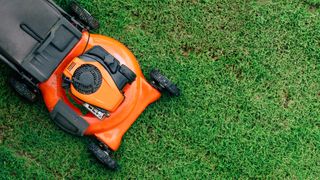An orange lawn mower mowing the grass