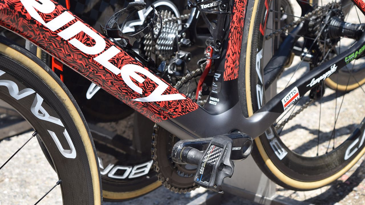 An indent along the lower part of the down tube is a design feature that appears around the frameset