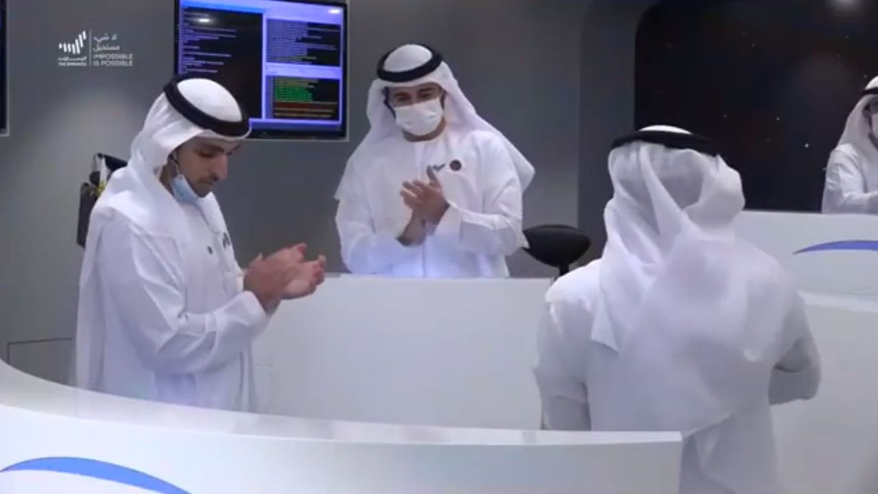 Hope mission personnel celebrate the receipt of signal confirming the spacecraft arrived in orbit around Mars on Feb. 9, 2020.