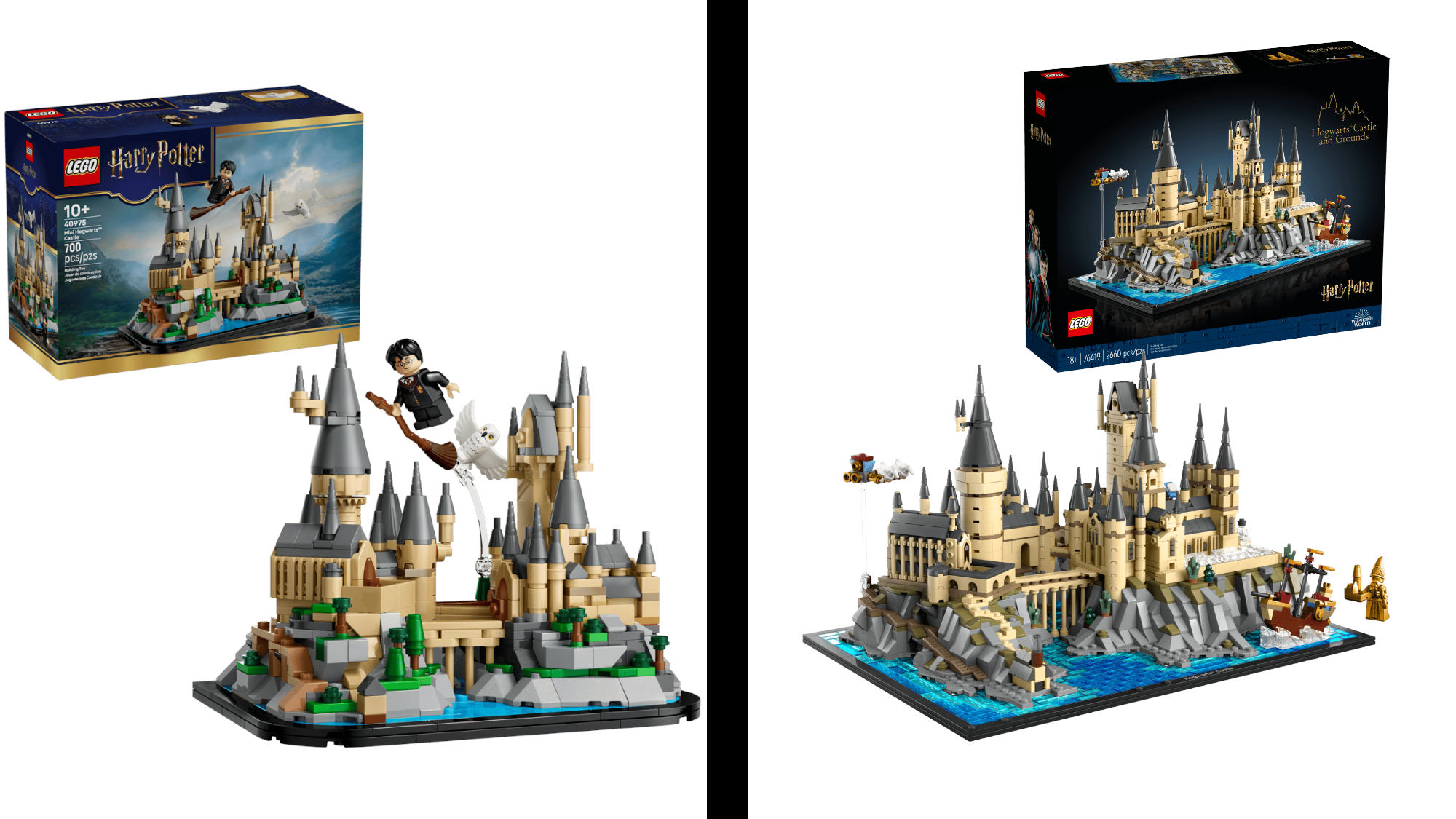 LEGO Harry Potter Mini Hogwarts Set on one side and LEGO Harry Potter Hogwarts Castle And Grounds Set On The Other Side With A White background