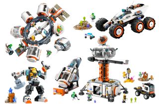 space base, rocket launchpad and modular space station made out of Lego toy bricks