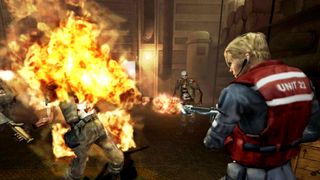cold fear screenshot showing a man using a flamethrower