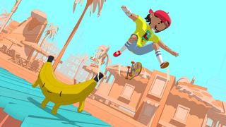 A skateboarder leaps over a banana person