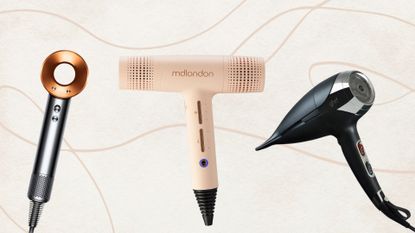 A collage featuring three of the best hair dryers included in this guide from ghd, mdlondon and Dyson/ on a cream template with peach swirly lines.