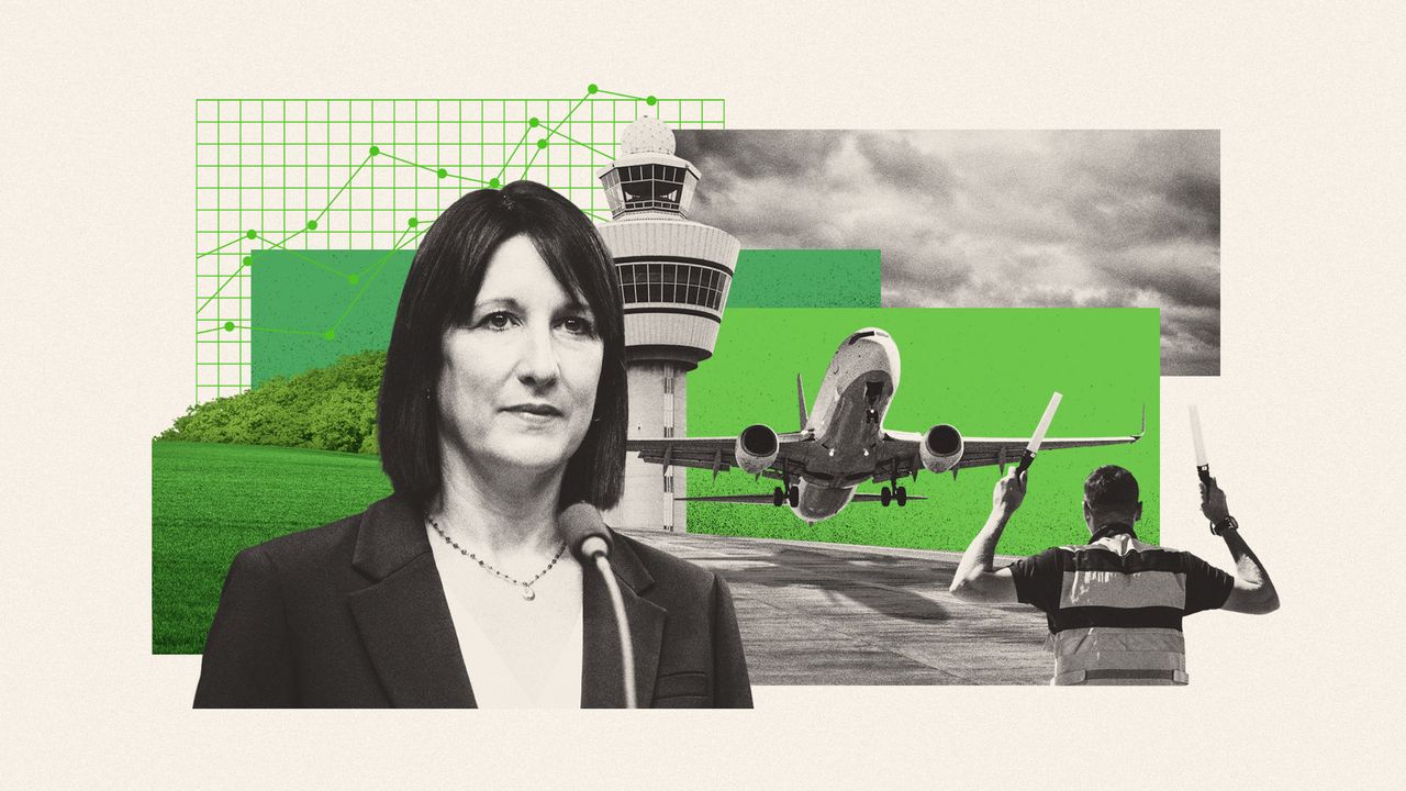 Photo composite illustration of Rachel Reeves, an airport runway and green belt land