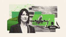 Photo composite illustration of Rachel Reeves, an airport runway and green belt land