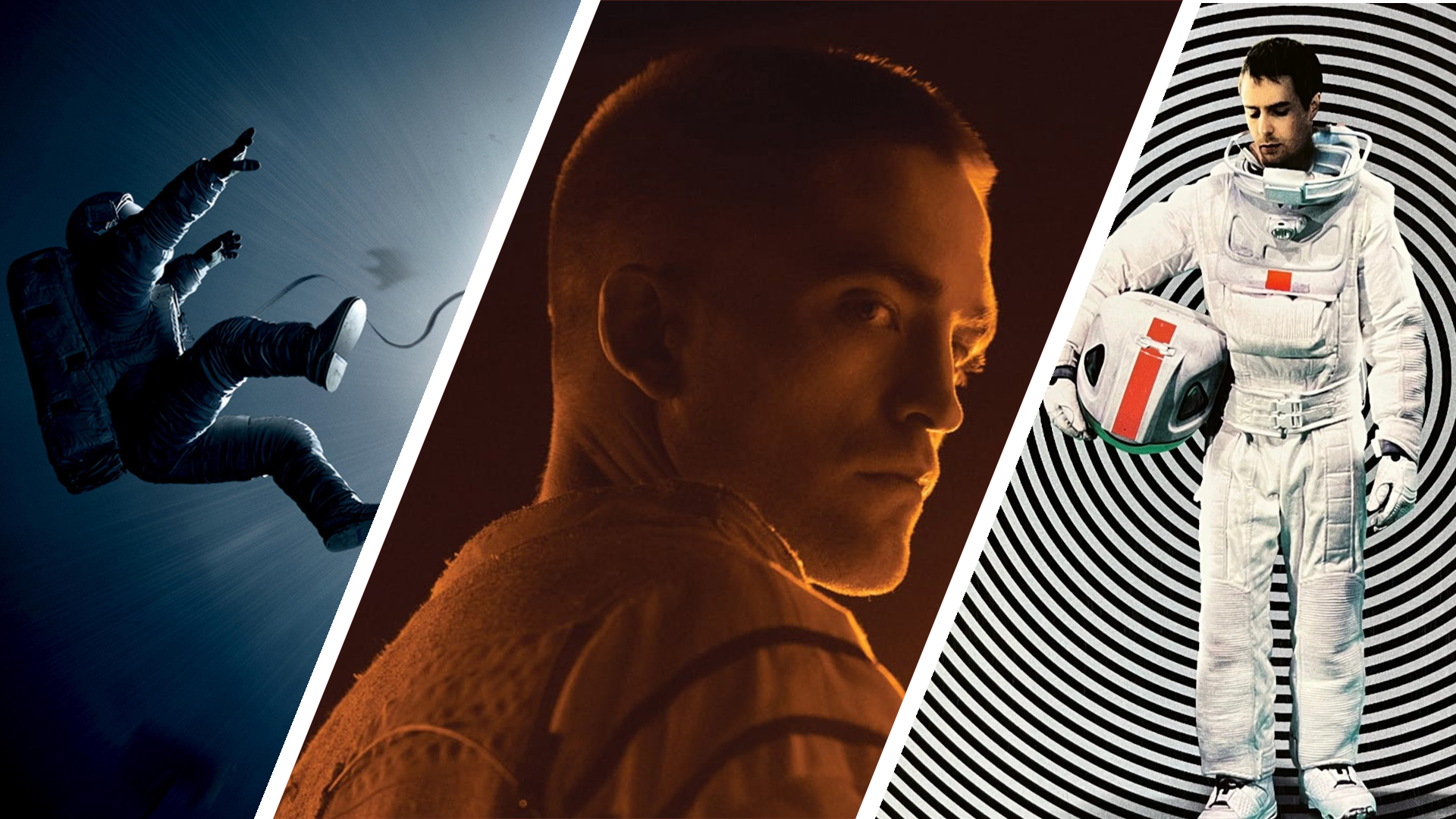 Split image showing screenshots from three bleak sci-fi movies (L-R): Gravity, High Life, and Moon.