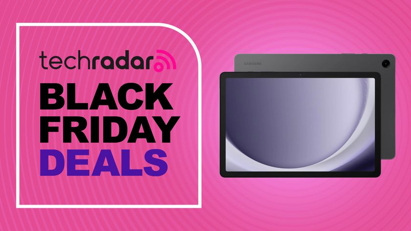 The Samsung Galaxy Tab A9 Plus on a Pink background. Text reads: TechRadar Black Friday Deals