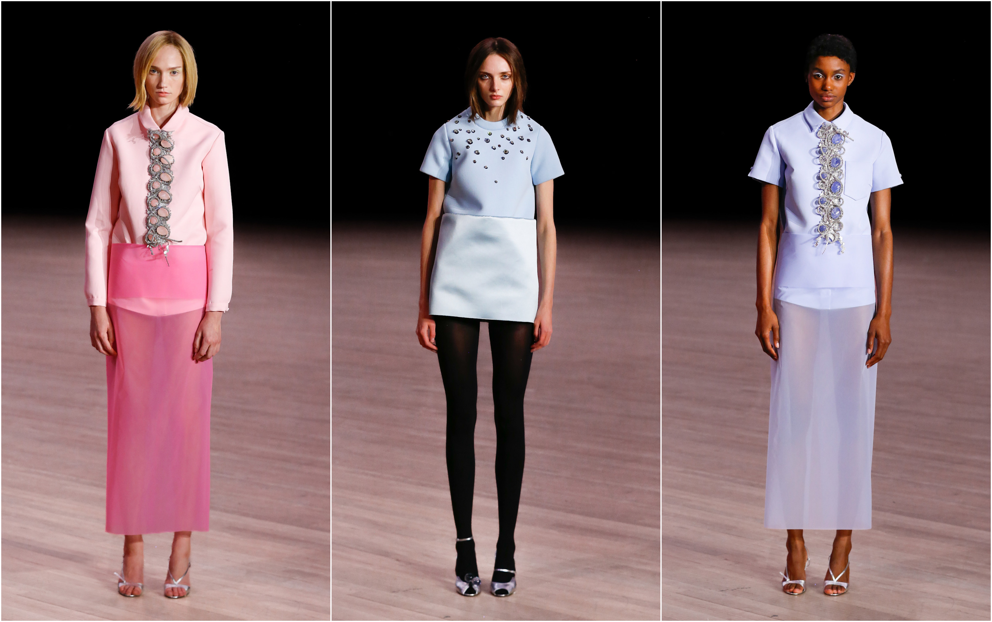 models wearing pink and blue dresses and strappy doll heels at marc jacobs spring 2026 runway