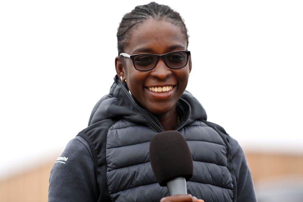 CLACTONONSEA ENGLAND OCTOBER 08 Teniel Campbell of Trinidad and Tobago and Team BikeExchange speaks to the media press prior to the 7th The Womens Tour 202 Stage 5 a 954km stage from Colchester to Clacton thewomenstour UCIWWT on October 08 2021 in ClactononSea England Photo by Justin SetterfieldGetty Images