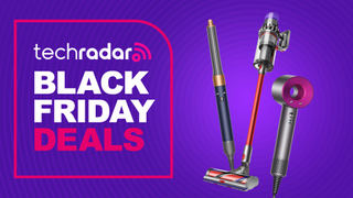 Collage of Dyson devices on a purple background with text reading 'TechRadar Black Friday Deals'