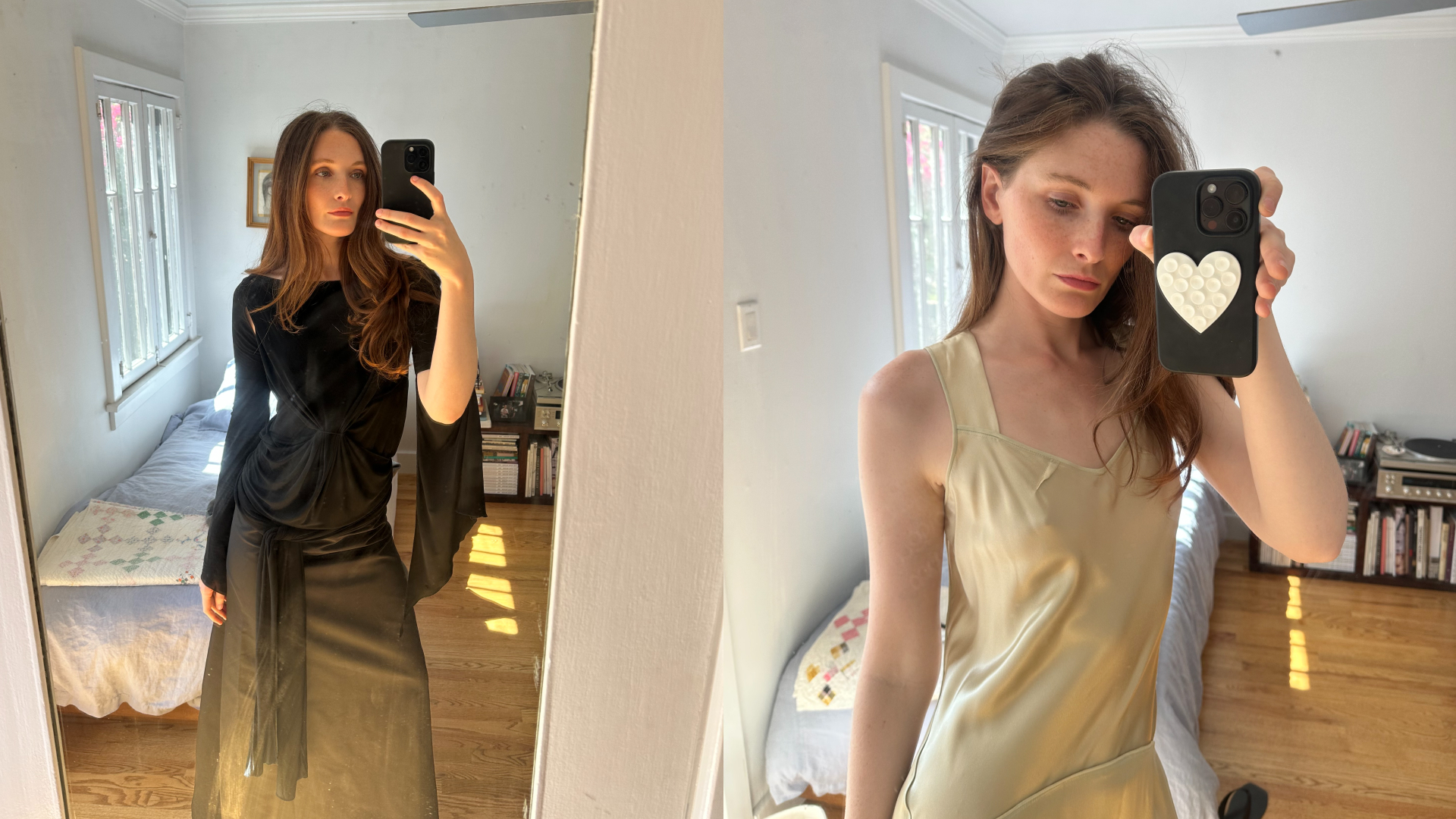 two photos of Grace O&rsquo;Neill Dougherty wearing a black top and skirt and a yellow dress