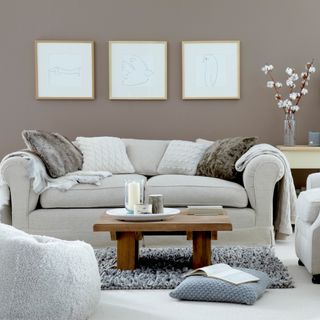 room with sheepskin rugs and sofa
